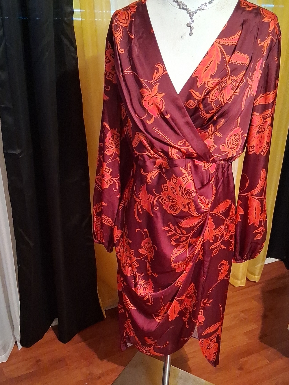 ELLA Wine Red Floral Wrap Dress with Orange Print